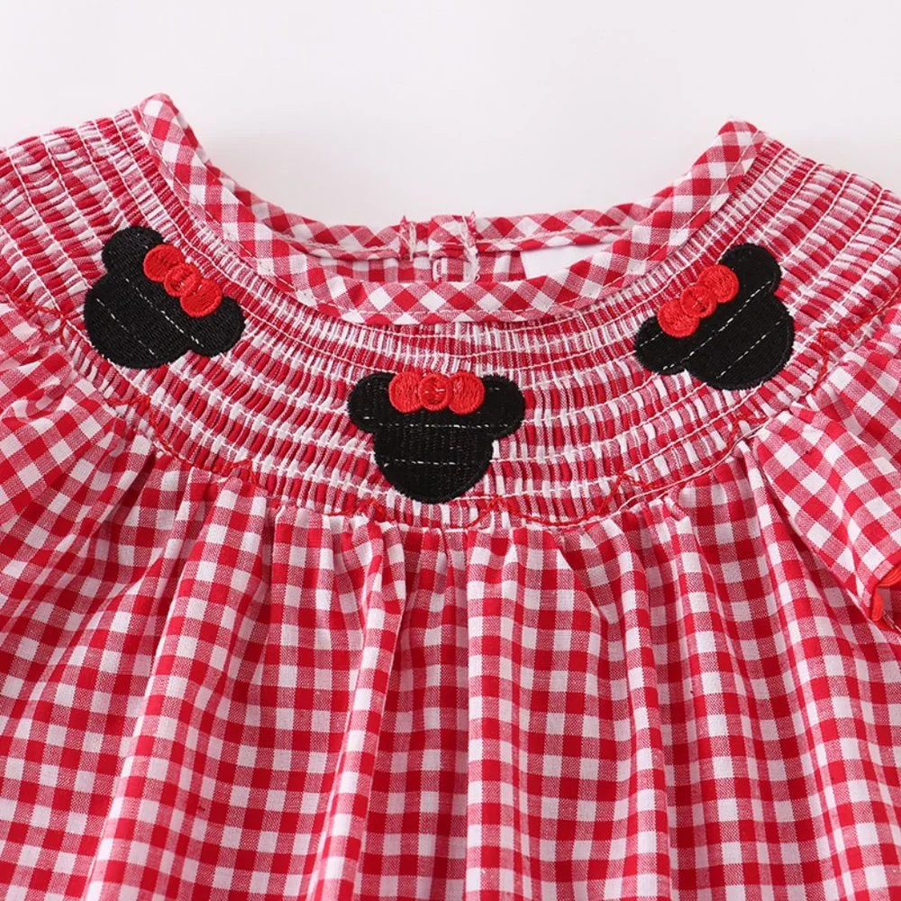 Red Gingham Smocked Flutter-Sleeve Kids Dress